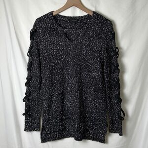 Rock & Republic Women's Sweater Lace Up Sleeve Black White Size M Goth Grunge